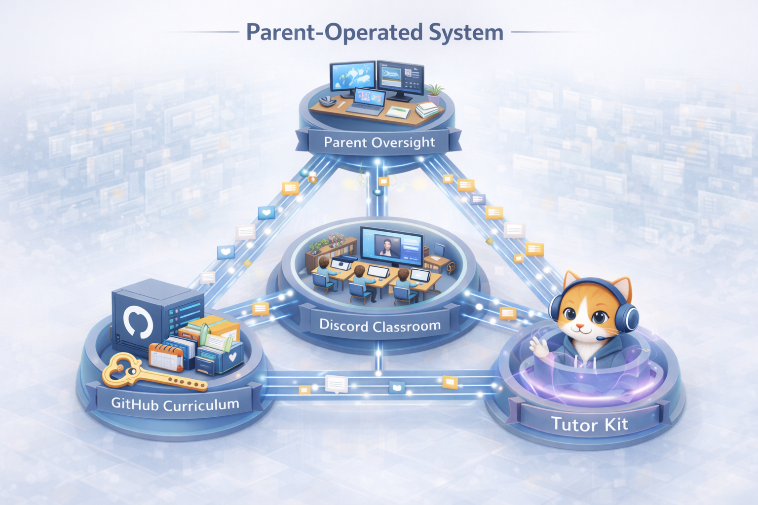 Systems image showing the OpenTutor homeschool model with Discord, GitHub, tutoring, and parent oversight connected visually.