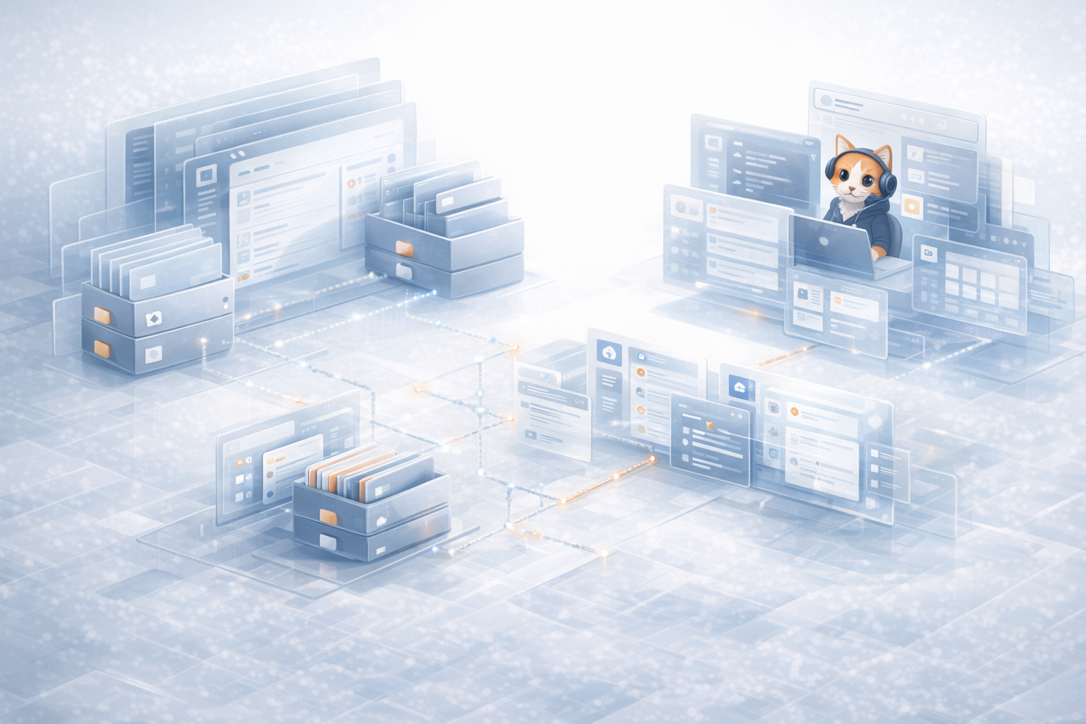 Technical integration map showing repositories, channels, tutor layer, and parent oversight connected as one system