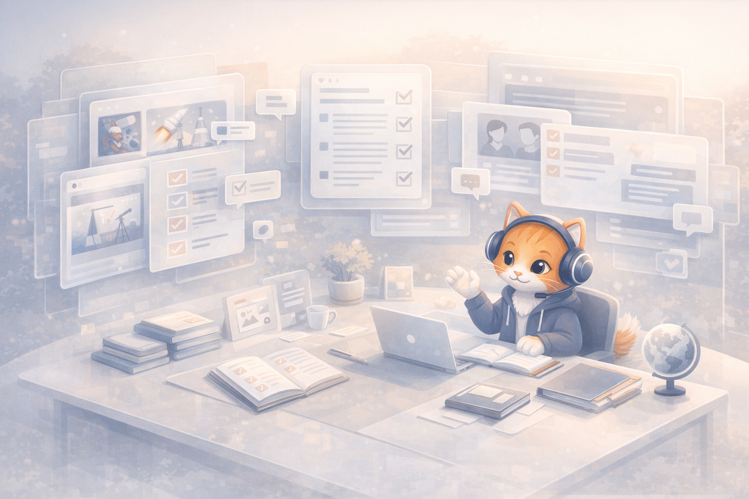 Pearlescent cat illustration of homeschool review and end-of-day reflection