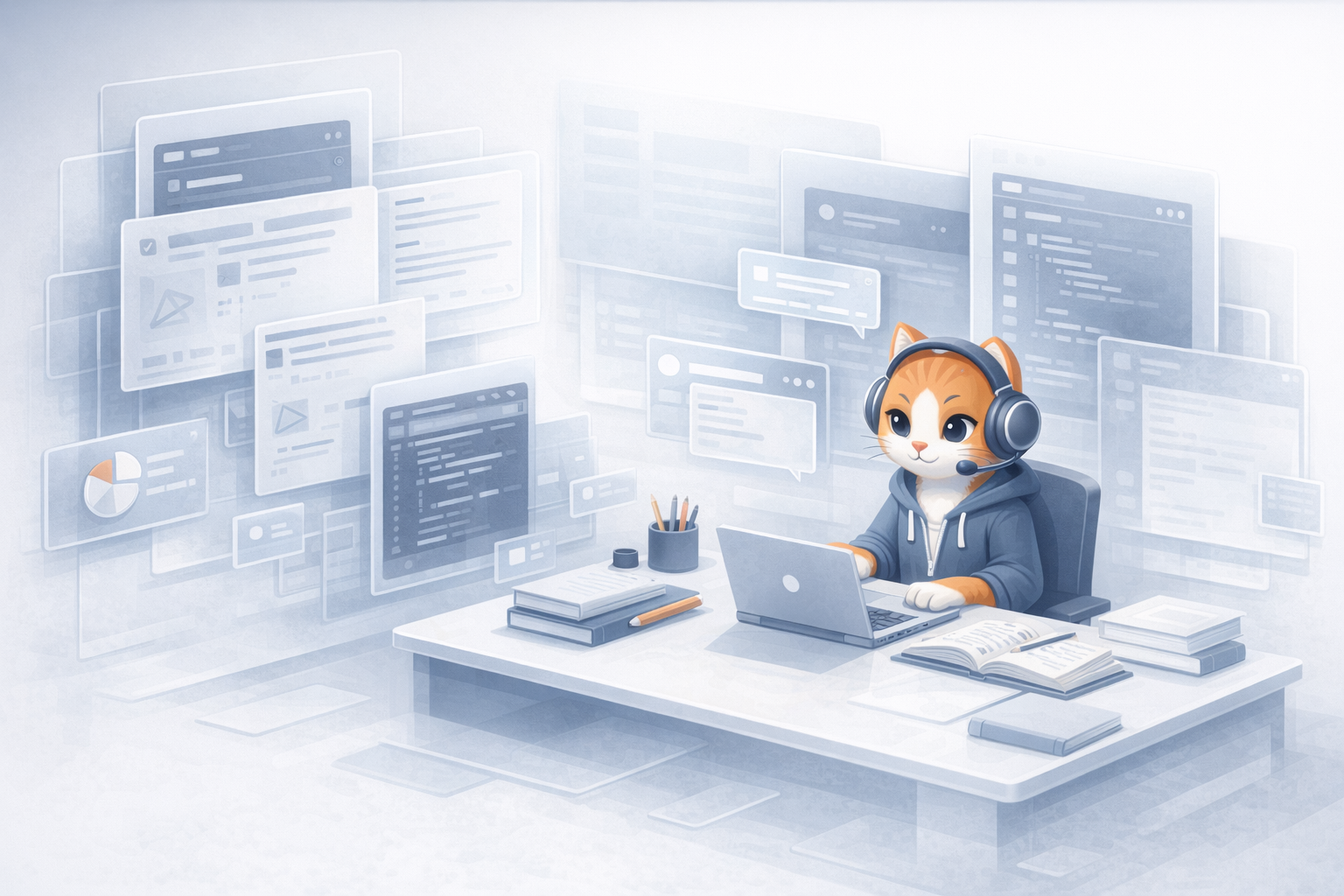 Pearlescent cat illustration of focused homeschool study and guided work